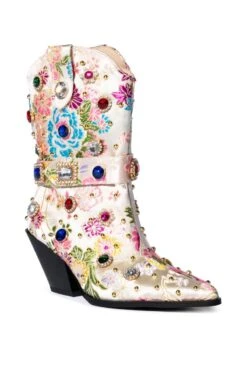 AZALEA WANG DILIGENT GEM EMBELLISHED BROCADE WESTERN BOOTIE IN BONE -Baccarat shop azalea wang diligent gem embellished brocade western bootie in bone bone 3 3