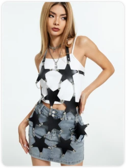 Edgy Black Star Metal Chain Party Dress Mini Dress