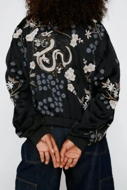 Dragon Embroidered Bomber Jacket -Baccarat shop womens black dragon embroidered bomber jacket 1 2